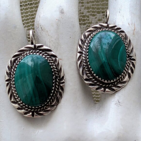 LARGE Native American Navajo Sterling Silver Malachite Dangle Drop Earrings